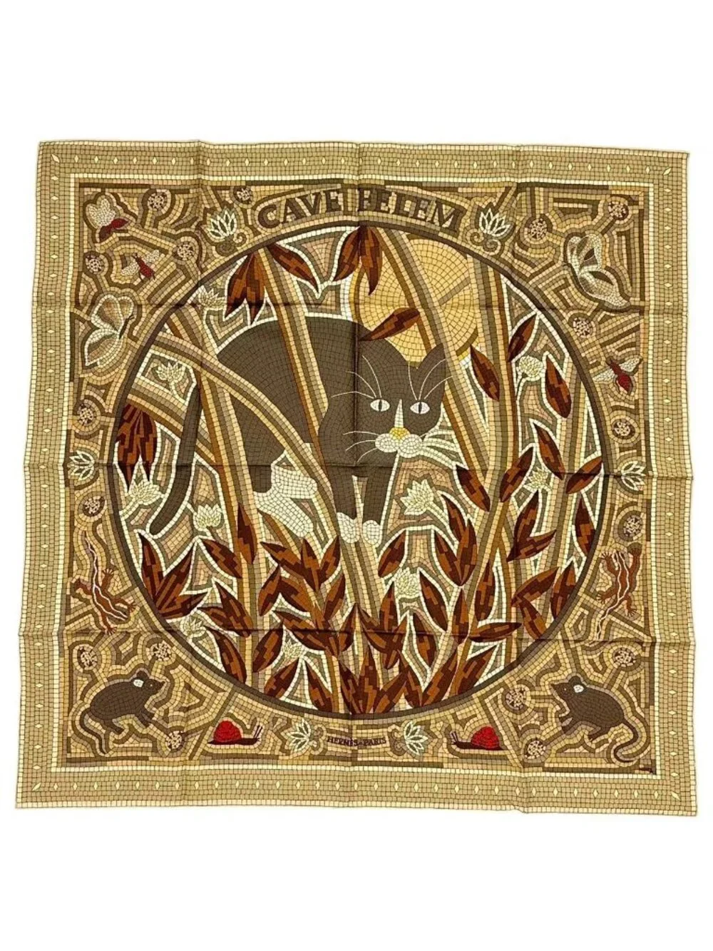 Hermes Carre 90 Scarf Silk Cave Felem Beware Of Cats Beige